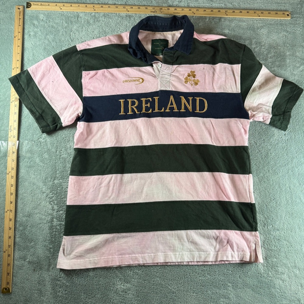 Lansdowne Ireland Rugby Mens XL Pink Green Striped Short Sleeve Polo‎ Cotton